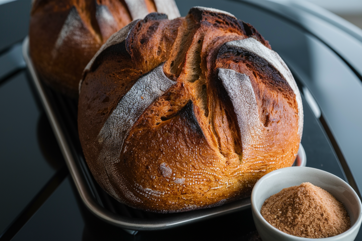 Golden-brown bread crust with brown sugar nearby