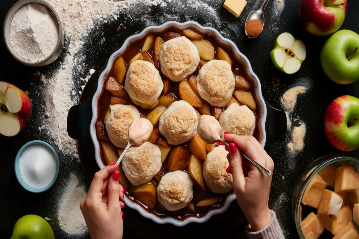 Assembling apple cobbler with biscuit topping