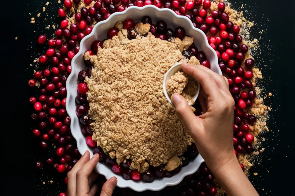 Assembling cranberry crumble with cranberries and crumble topping