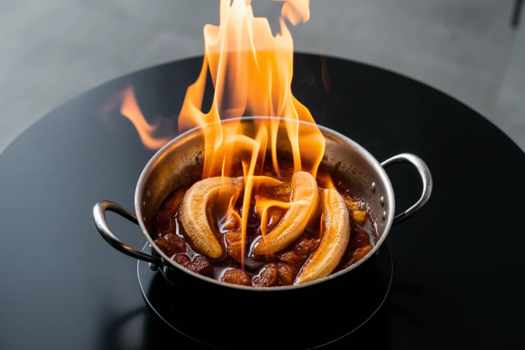 Bananas Foster flambé on a black table