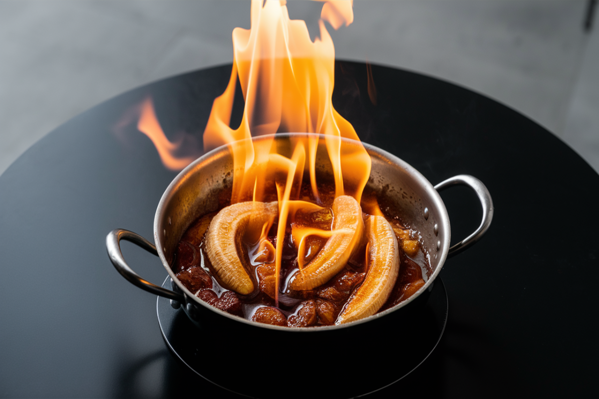 Bananas Foster flambé on a black table