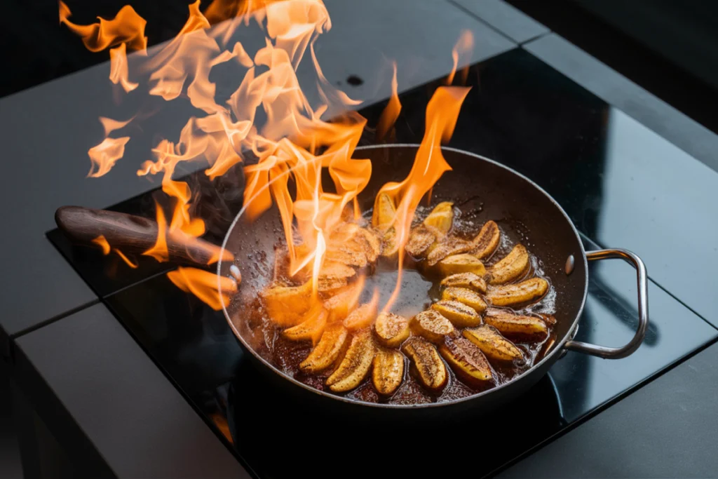 
Flambé process of Bananas Foster on a black table