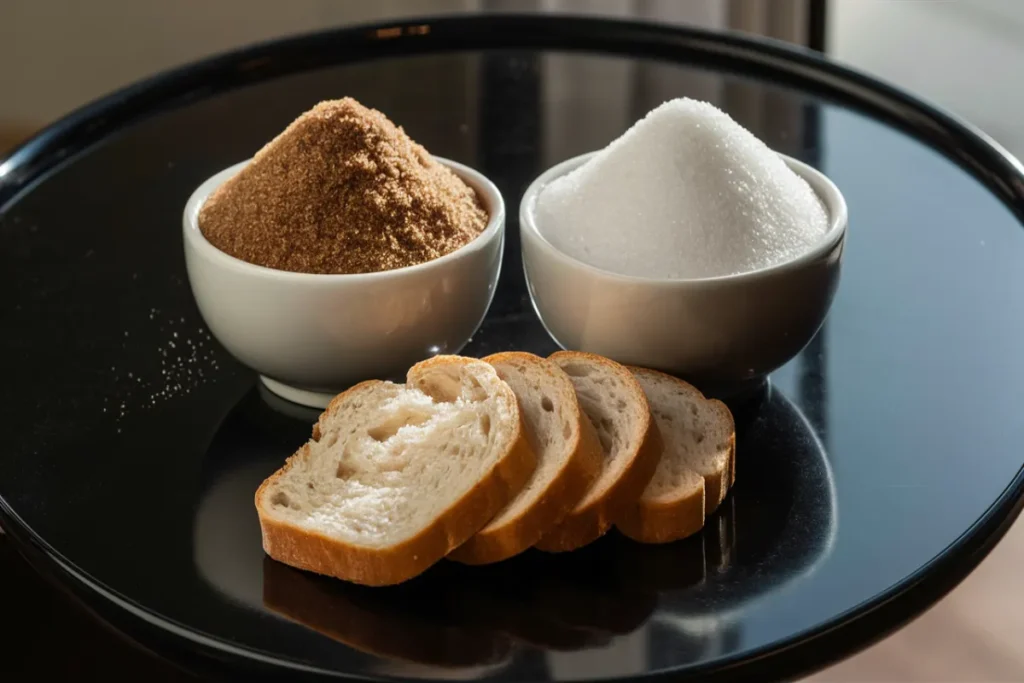 Brown sugar and regular sugar in bowls with slices of bread