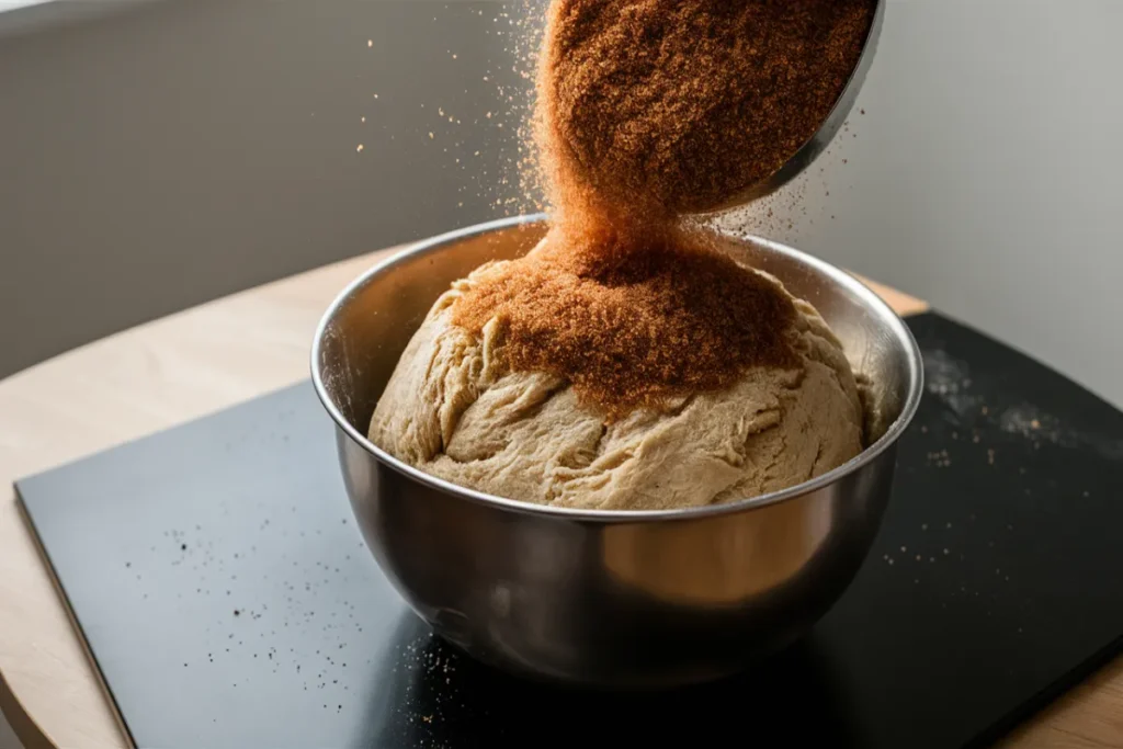 Brown sugar being added to bread dough