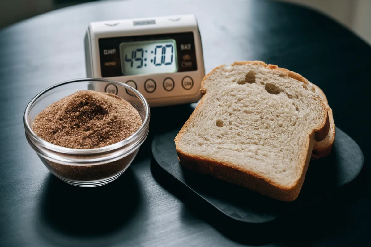 Brown sugar beside bread and an electronic timer