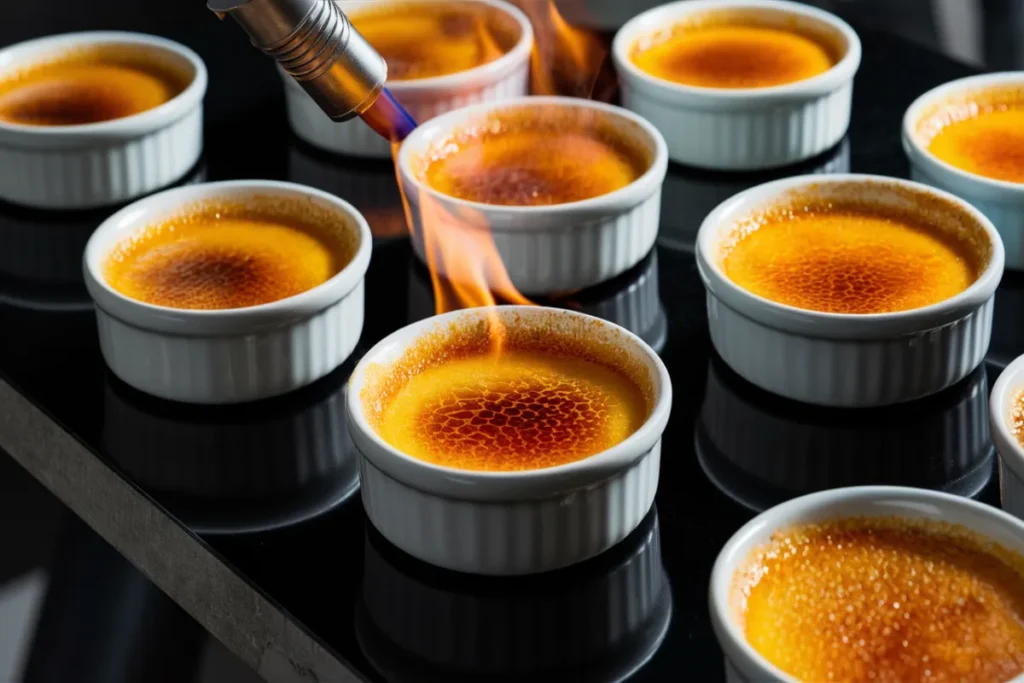 Crème brûlée with caramelized tops and a culinary torch