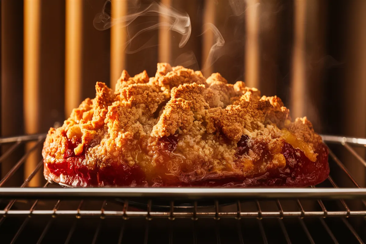 Crumble baking in the oven with a golden topping