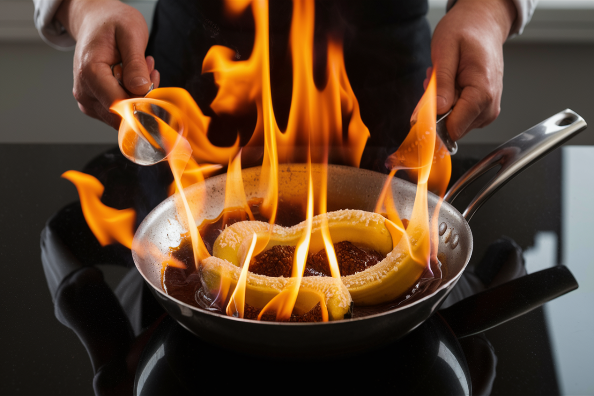 Flambé technique for Bananas Foster on a black table