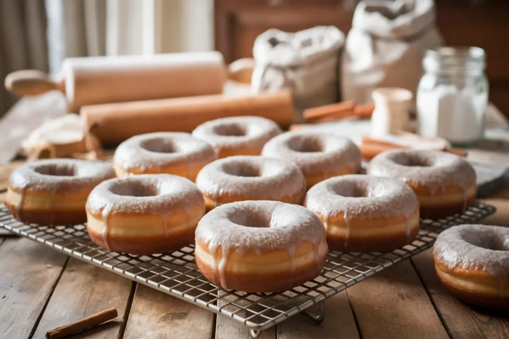 Freshly glazed Amish doughnuts cooling on a rack in a rustic kitchen.