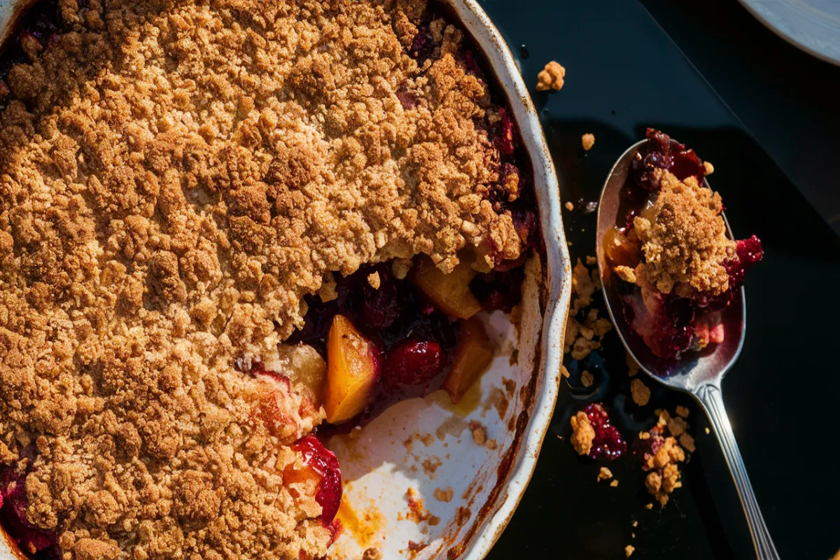 Golden, crunchy crumble topping on a baked dessert