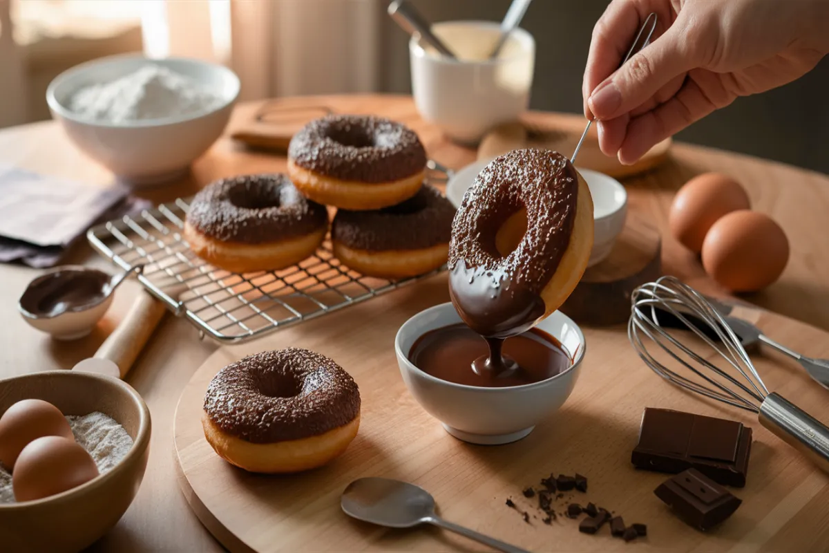 Homemade donuts being dipped into chocolate glaze on a kitchen counter.