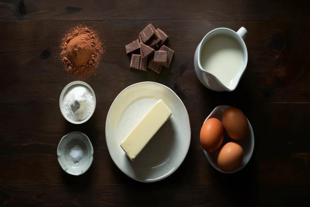 Ingredients for chocolate donut glaze arranged on a dark wooden table, including cocoa powder, chocolate, sugar, butter, eggs, milk, vanilla extract, and salt.