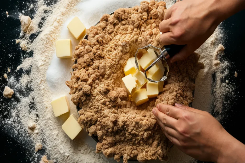 Mixing flour, sugar, and cold butter for crumble topping