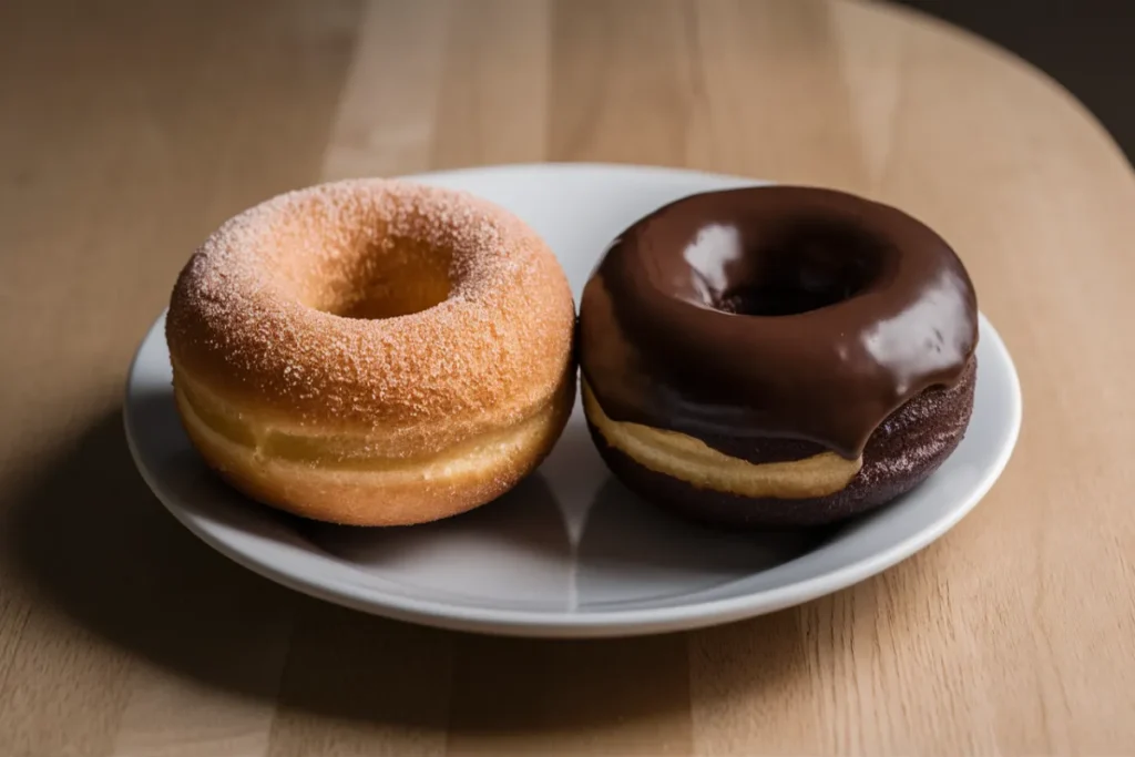 Two full Krispy Kreme donuts side by side on a white plate: one Original Glazed and one Chocolate Glazed donut.