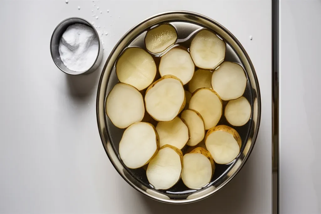 Potatoes soaking in water with baking soda on a kitchen countertop