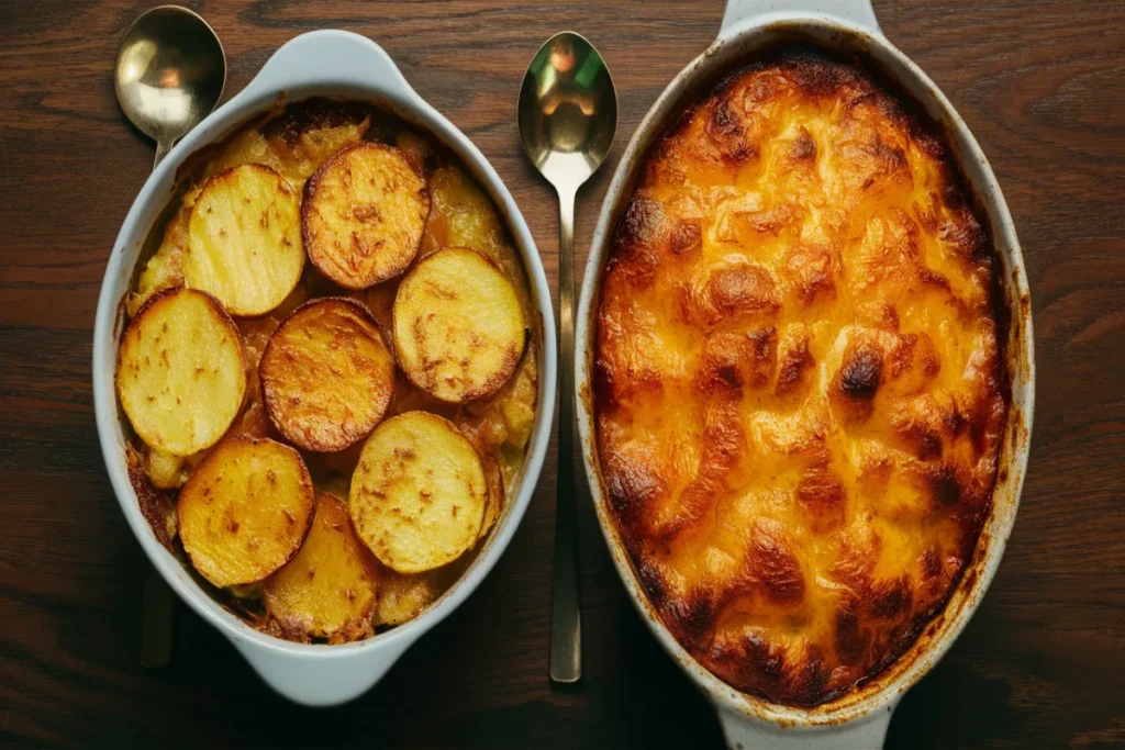 Scalloped potatoes and cheesy potatoes side by side