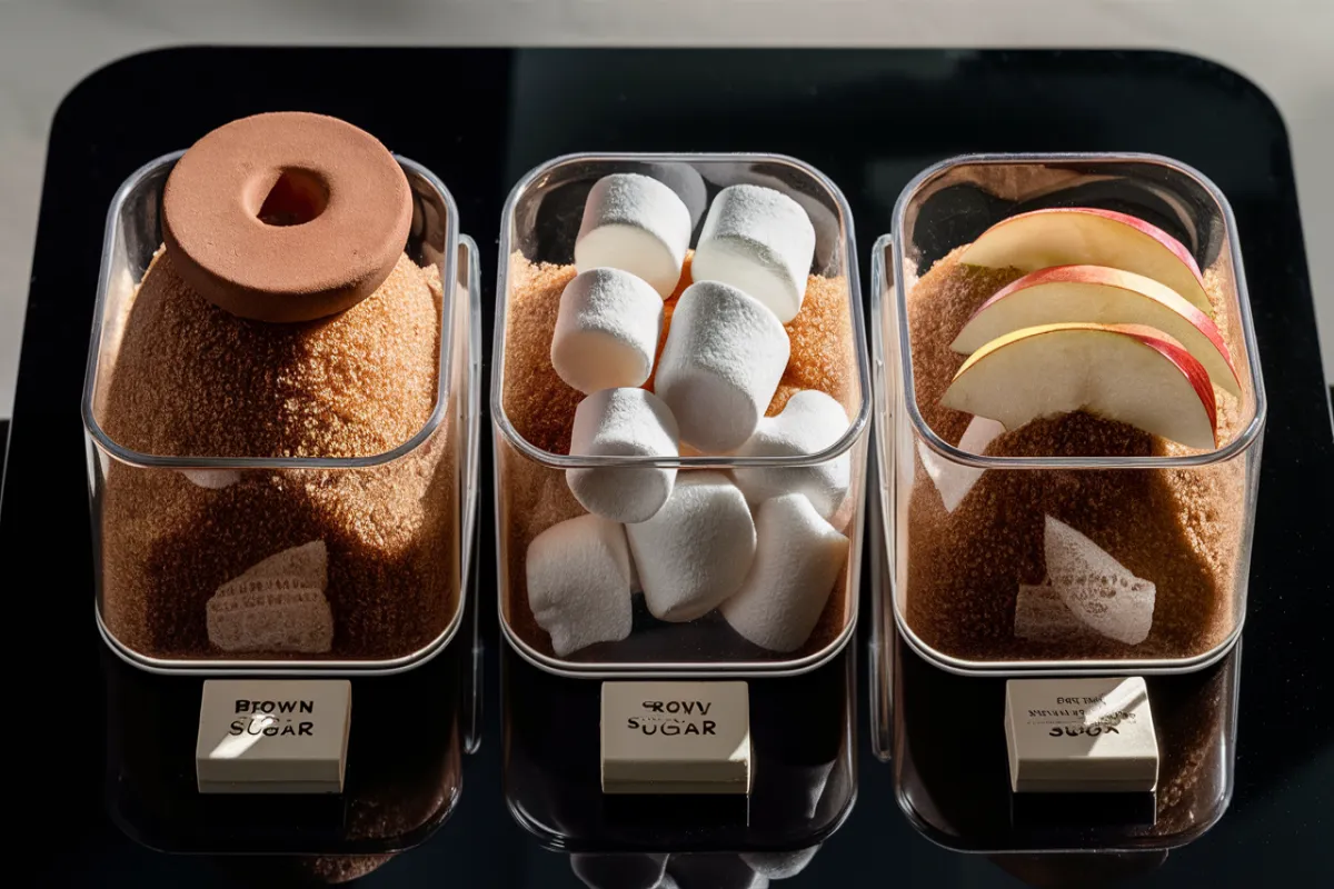 Three containers of brown sugar with terra cotta disc, marshmallows, and apple slices