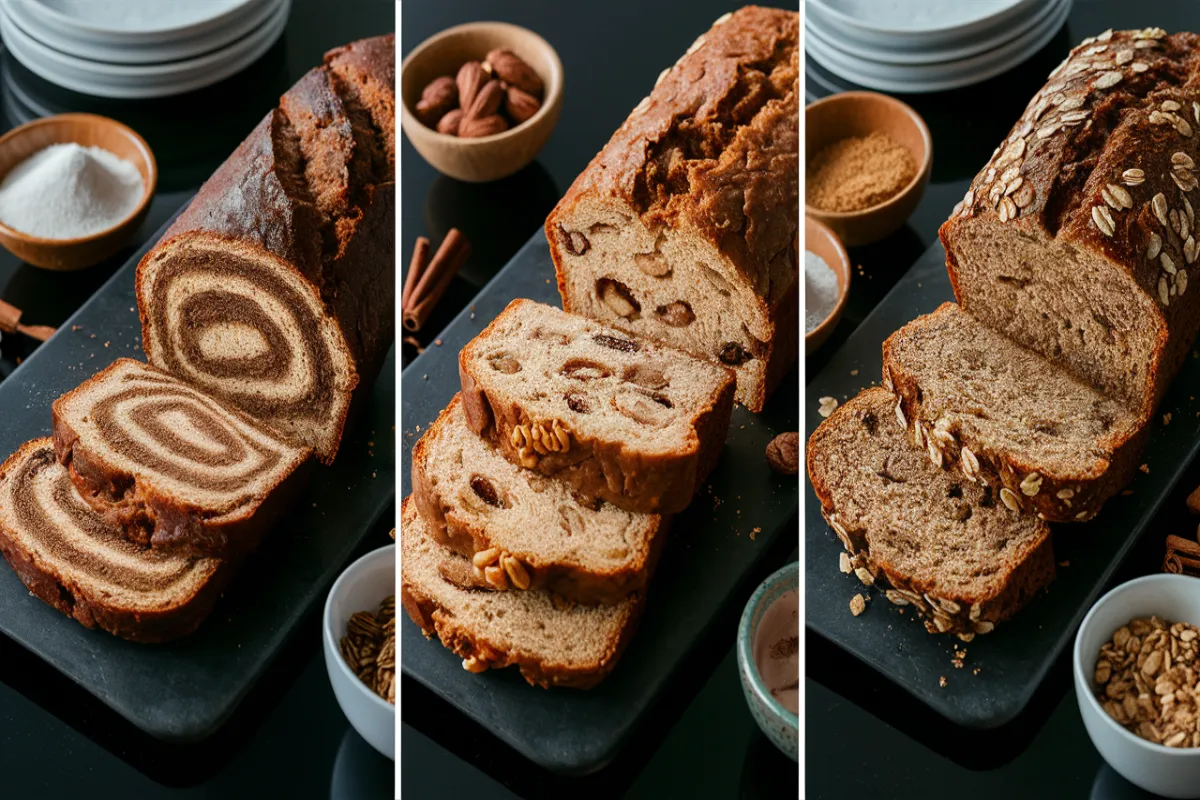 Three types of brown sugar bread on a black table