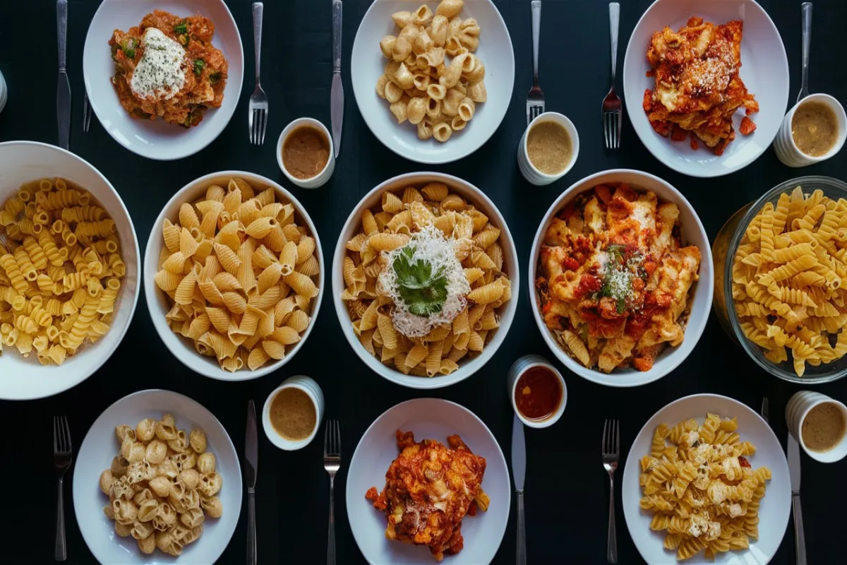 Various pasta dishes using orecchiette substitutes on a black table