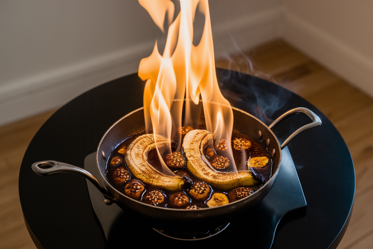 Bananas Foster dessert being flambéed o