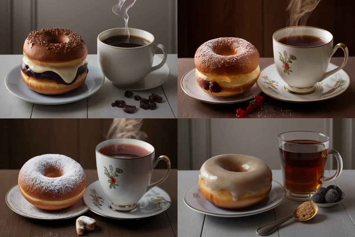 brioche donuts with rich toppings and regular donuts with simple glazes, paired with coffee and tea.