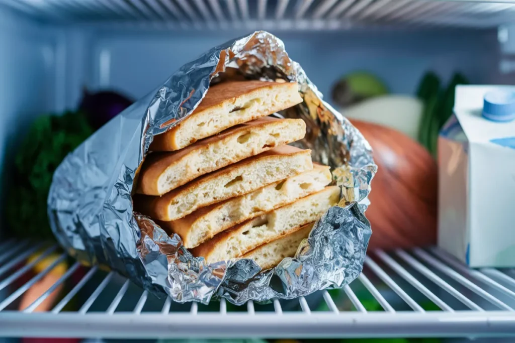 Cottage cheese flatbread wrapped in foil stored in a refrigerator