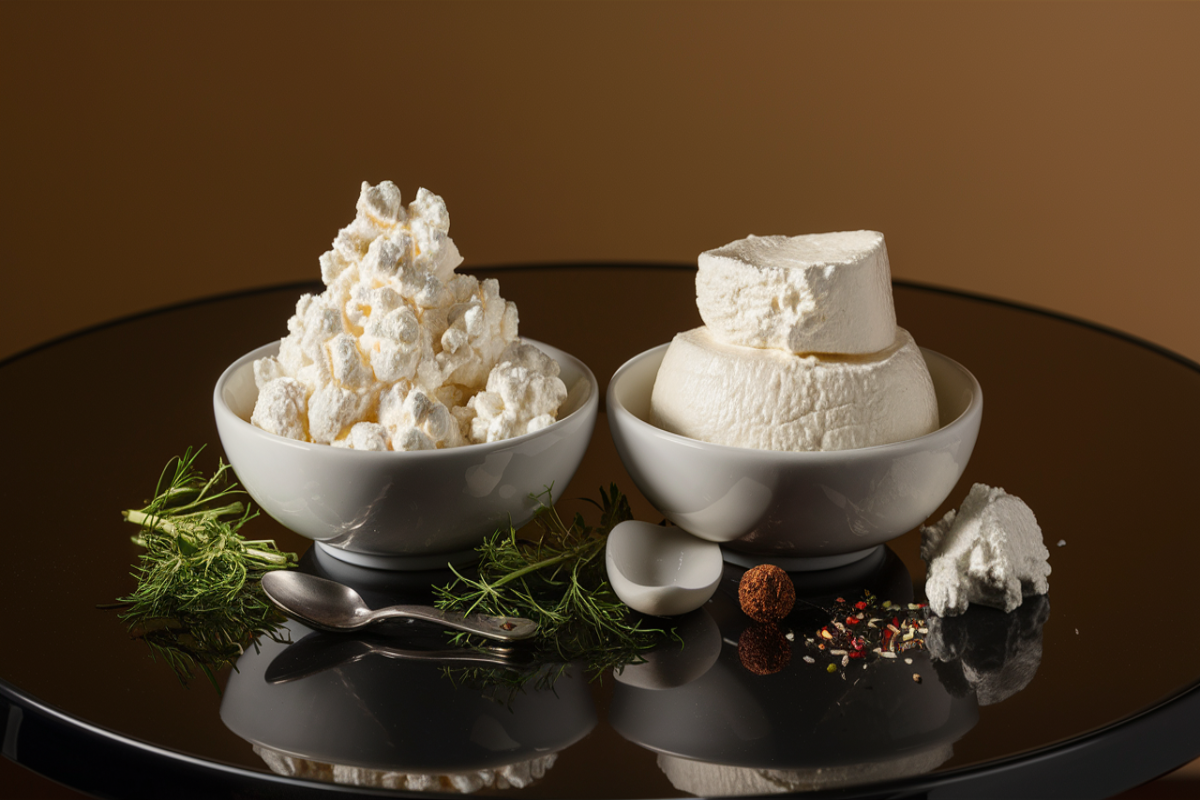 Cottage cheese and ricotta in bowls on a black table