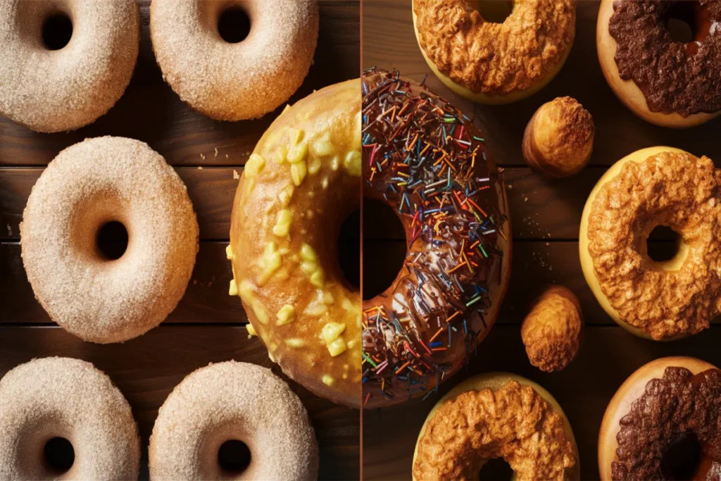 Close-up comparison of cake donuts and batter donuts on a wooden table, showing their distinct textures and toppings.