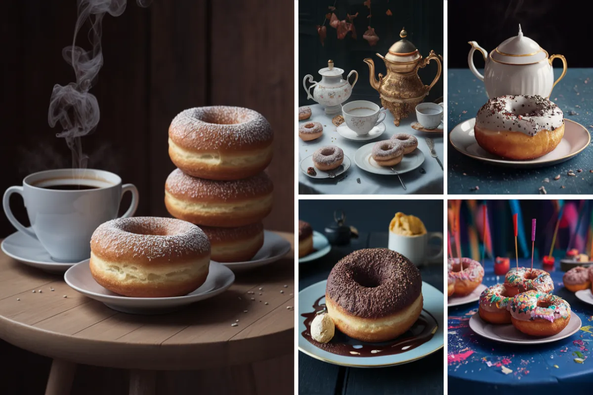 Square collage of serving suggestions for fluffy donuts: with coffee, with tea, as a dessert with ice cream, and at a party with colorful toppings.