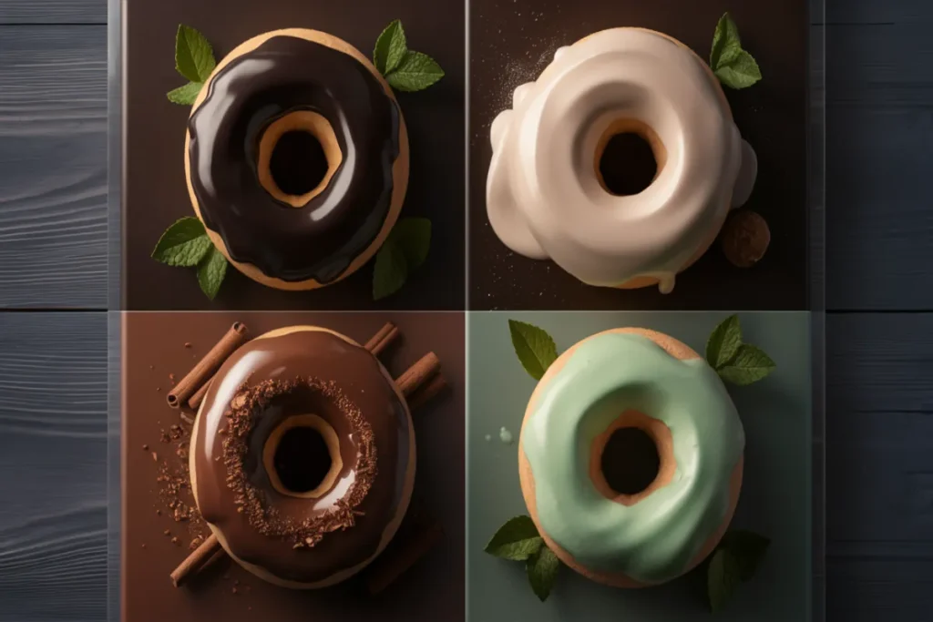 four donuts showcasing different chocolate glaze variations, including dark chocolate, milk chocolate, spiced chocolate, and mint chocolate glazes.