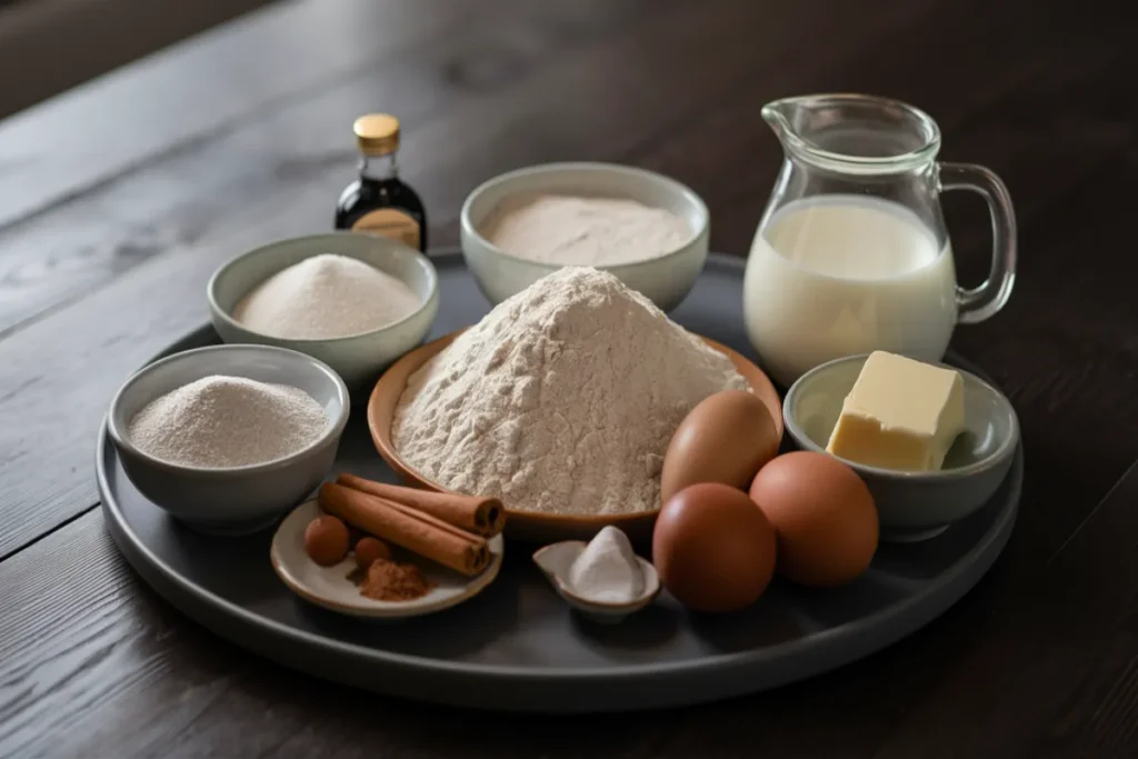 Cake donut ingredients neatly arranged on a dark wooden table, including flour, sugar, eggs, butter, milk, spices, and vanilla extract.