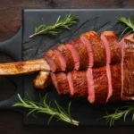 Top-down view of a cooked tomahawk steak sliced and served on a dark wooden table.