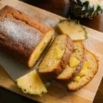 Top-down view of a pineapple pound cake sliced on a wooden board.