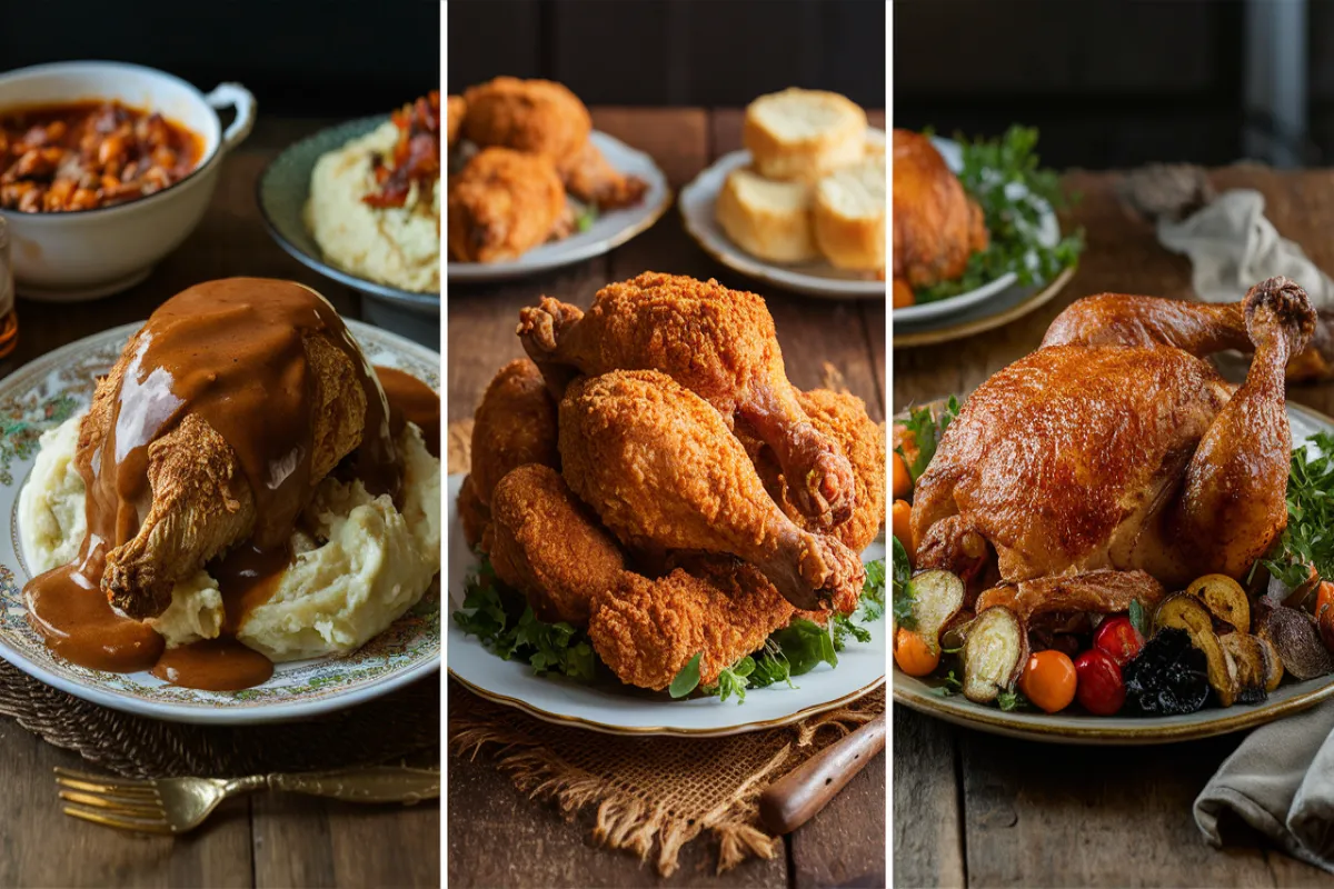 smothered chicken, fried chicken, and roasted chicken