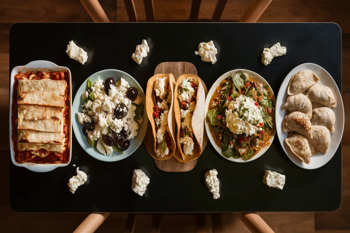 Cottage cheese dishes from different cuisines on a black table