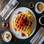 Top-down view of a gluten-free breakfast featuring a golden waffle with fresh berries, scrambled eggs, coffee, and yogurt on a dark wooden table.