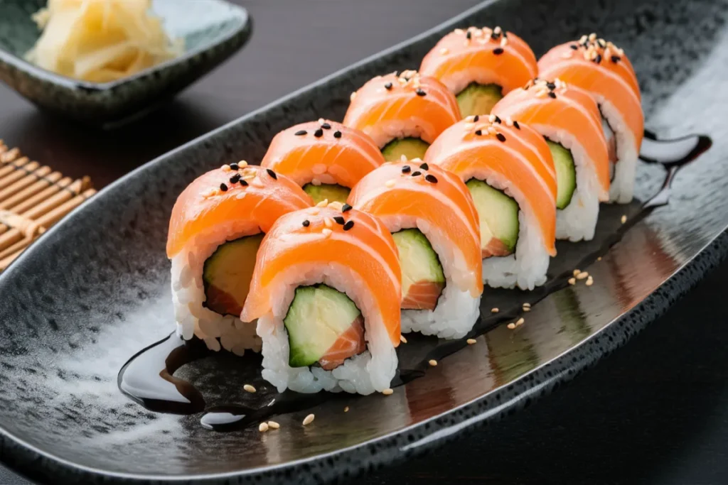 Alaskan roll sushi with salmon, avocado, and cucumber on a dark ceramic plate