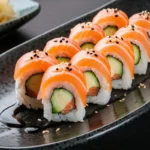 Alaskan roll sushi with salmon, avocado, and cucumber on a dark ceramic plate