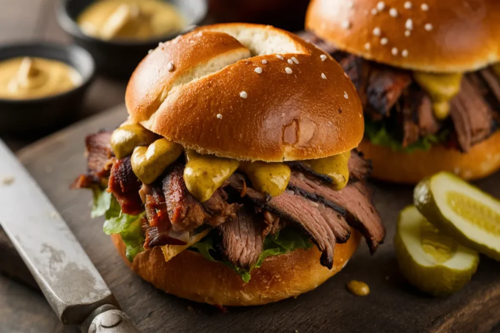 Brisket sandwich with a pretzel bun on a cutting board