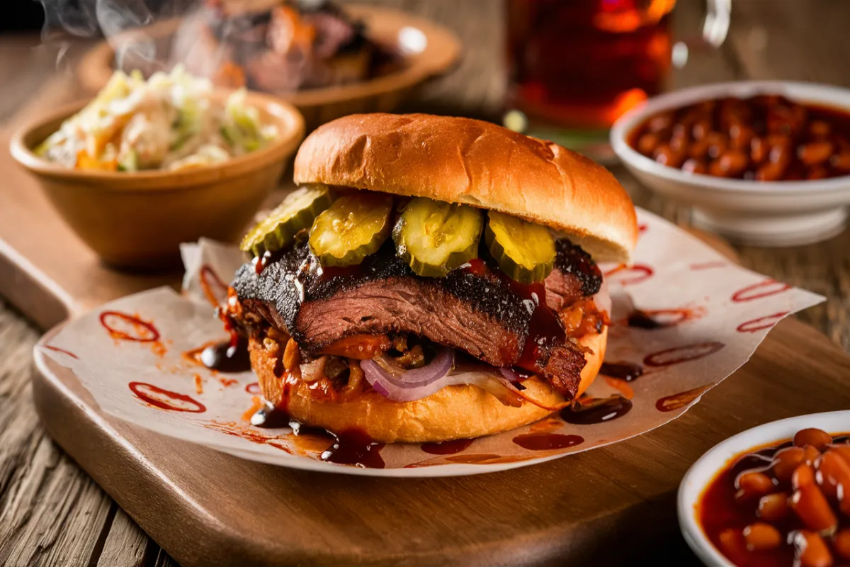 Brisket sandwich with sides on a rustic table