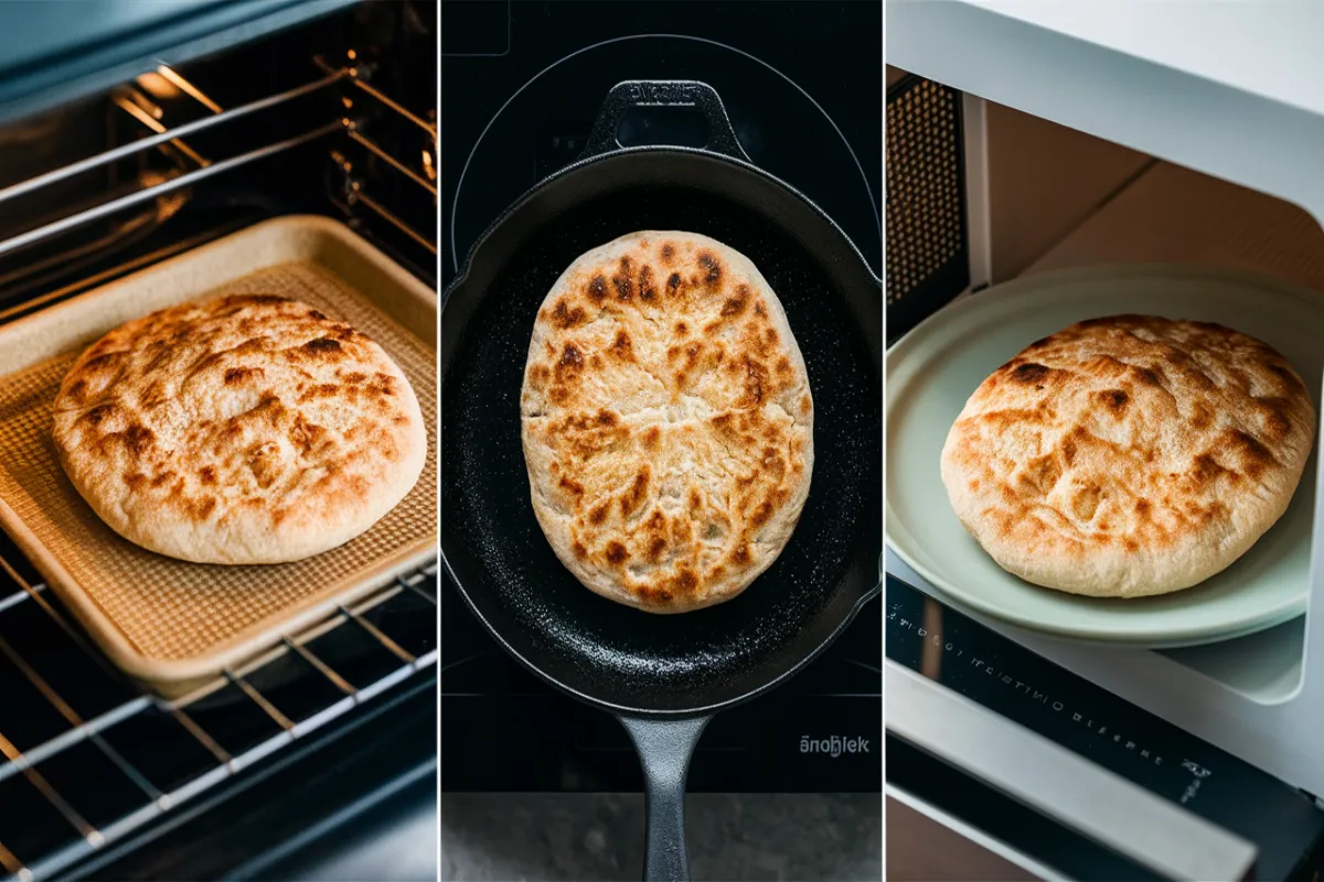 Cottage cheese flatbread being reheated in an oven, skillet, and microwave.