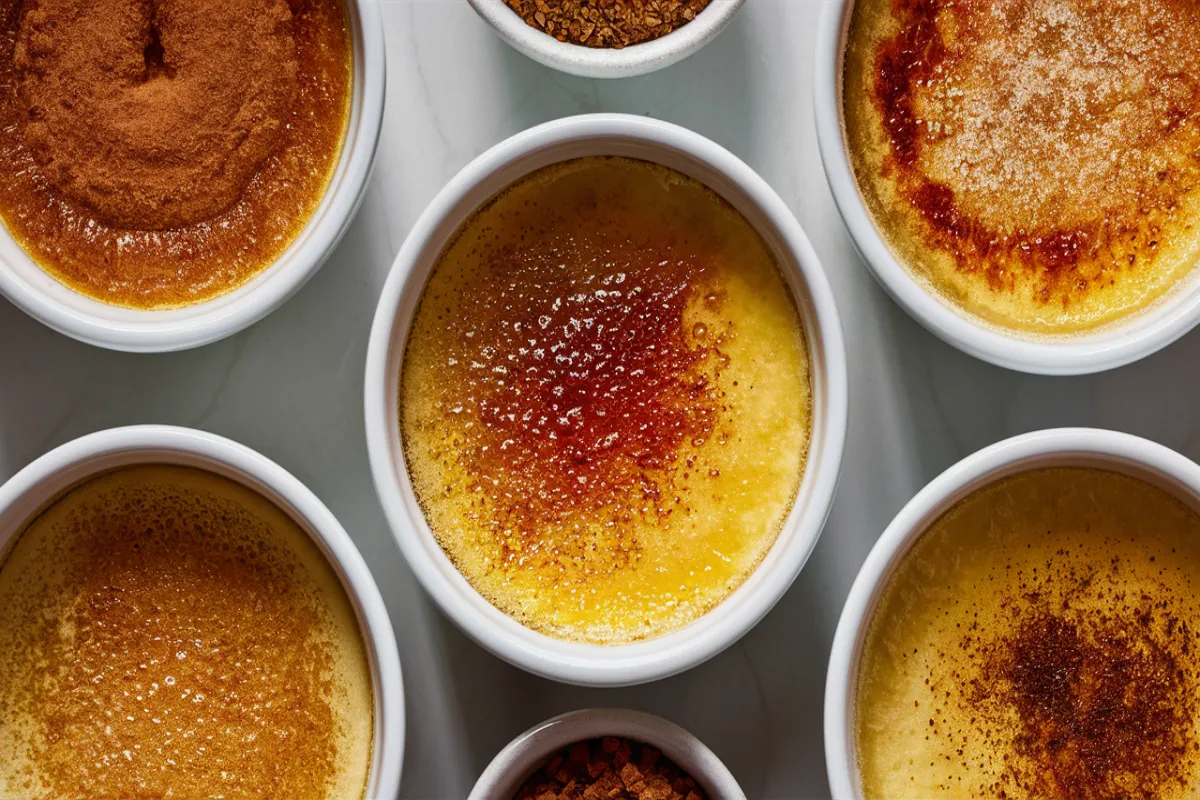 Crème brûlée ramekins with different brown sugar toppings