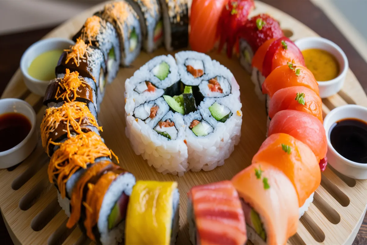 Customized sushi platter with Alaskan roll and various sushi rolls