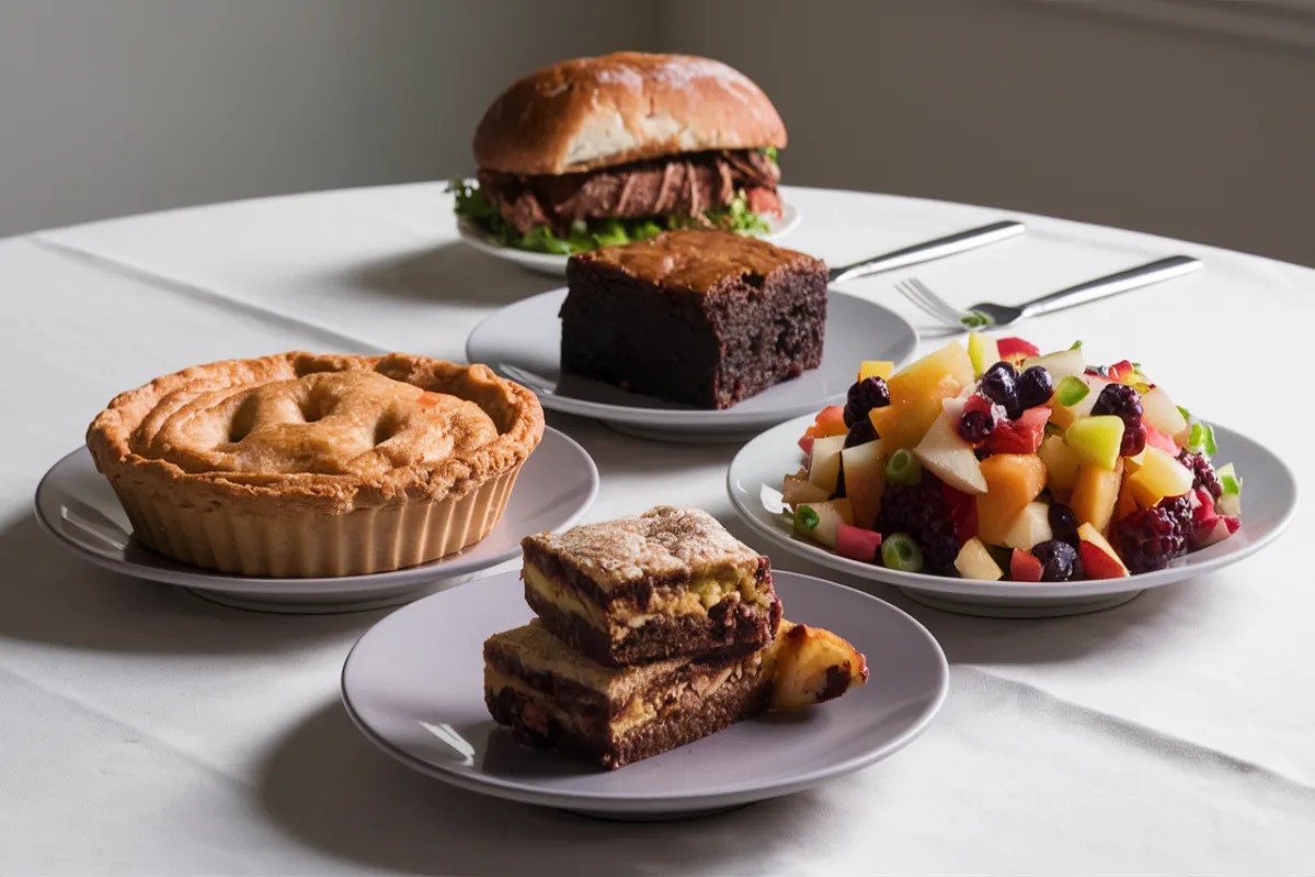 Dessert spread with apple pie, brownie, and fruit salad