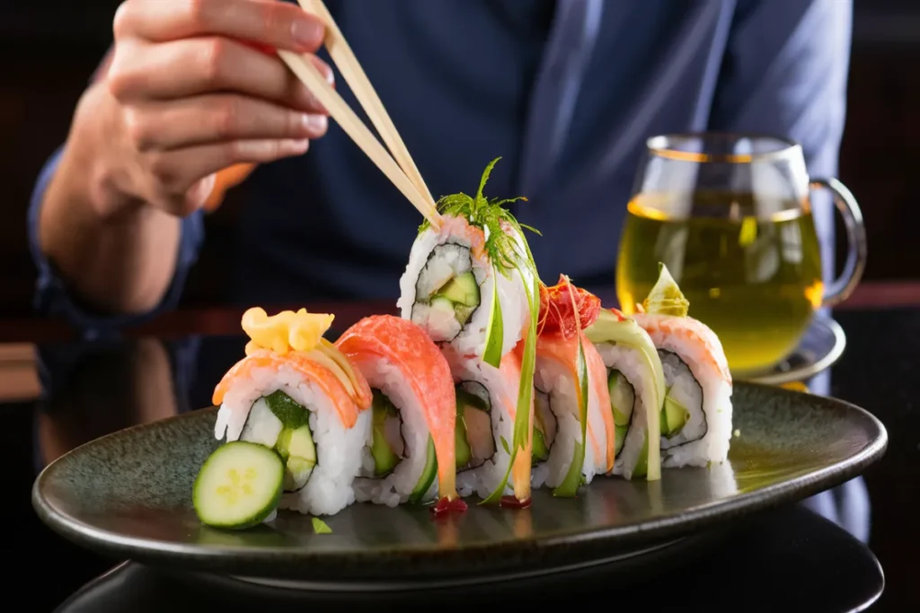 Diner enjoying Alaskan roll sushi at a sushi bar