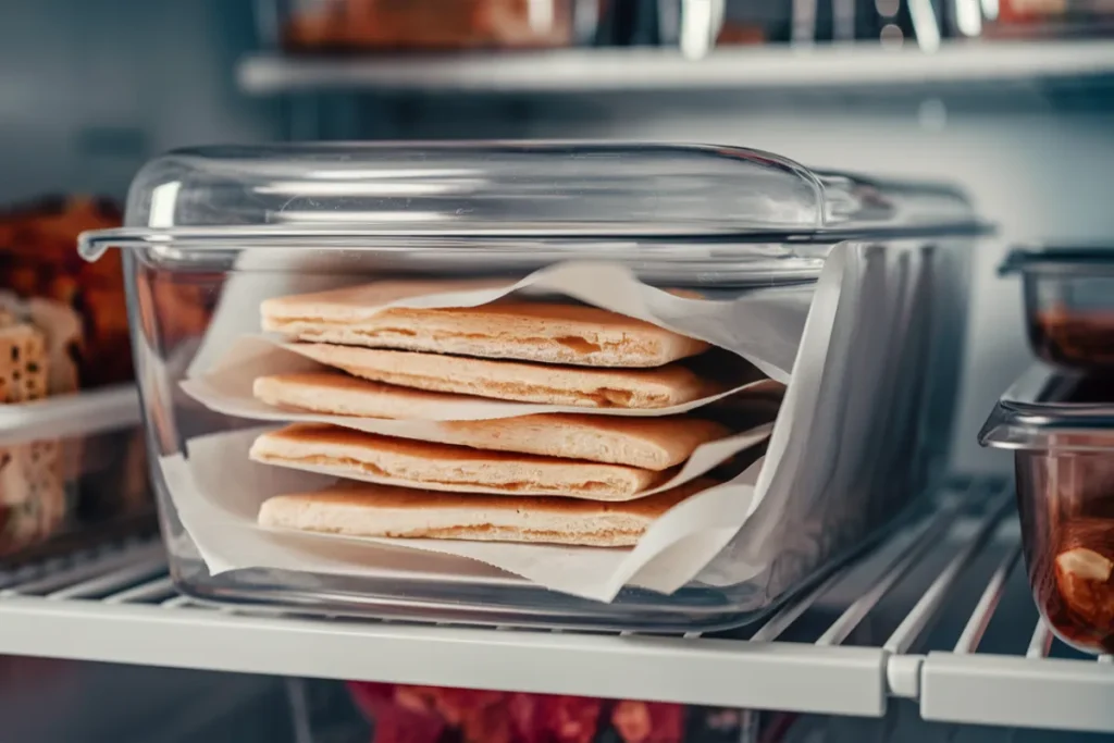 Flatbread stacked with parchment paper inside an airtight container in the fridge.