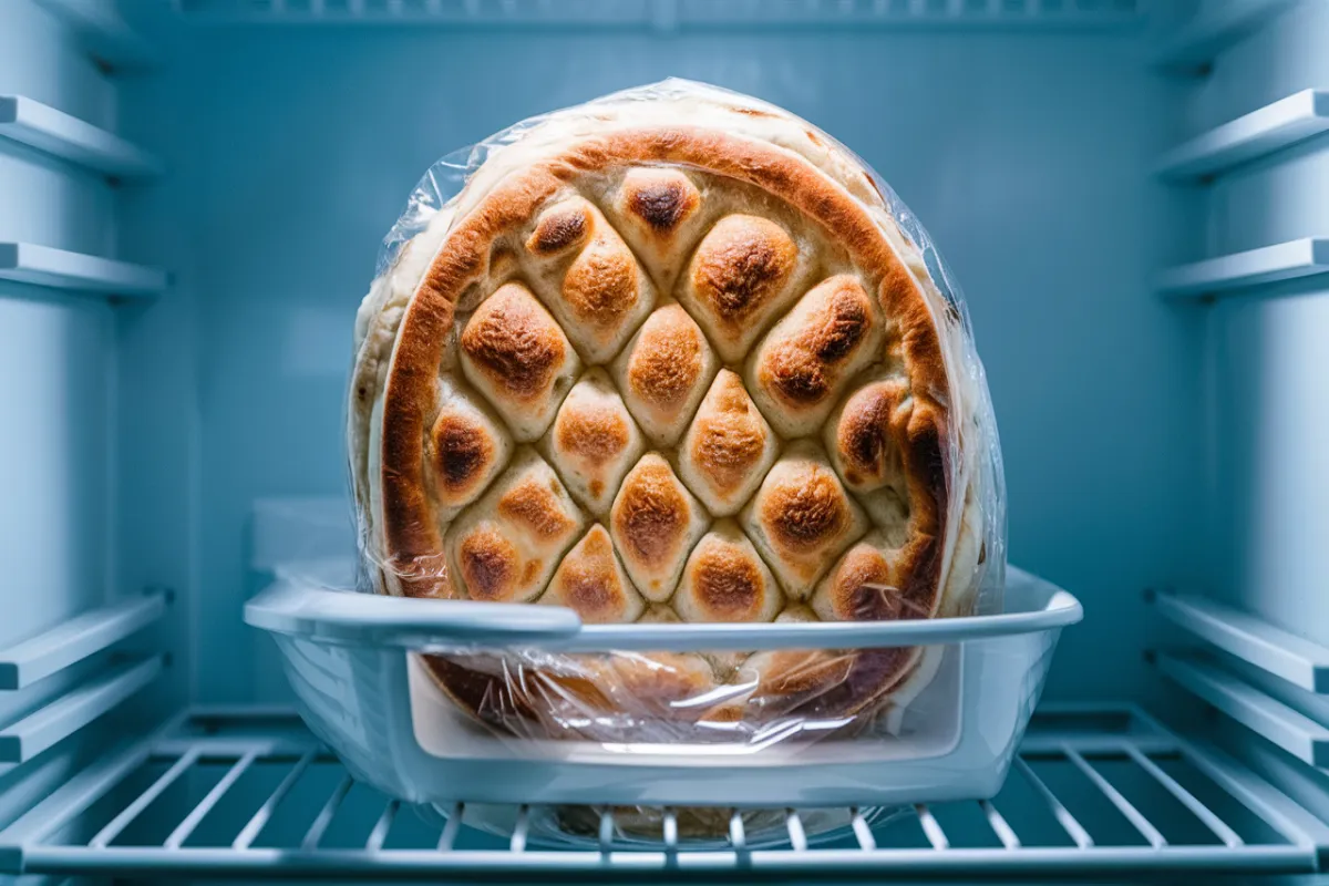 Flatbread wrapped in plastic stored in a refrigerator.