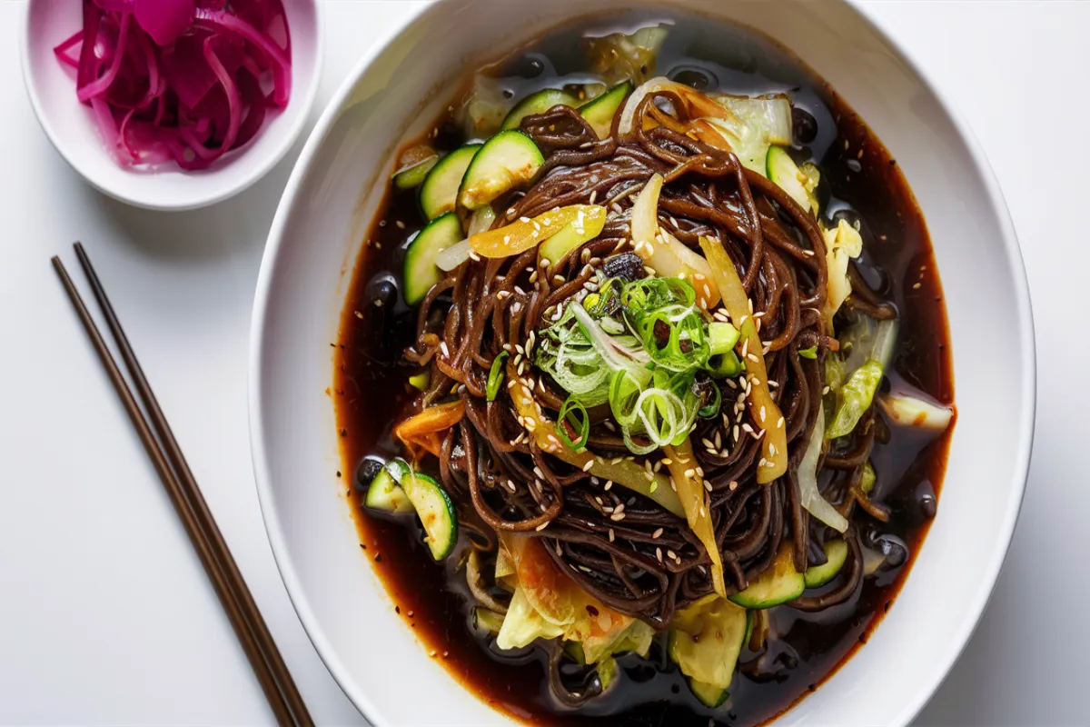 Korean black bean noodles served with vegetables and a side of pickled radish.