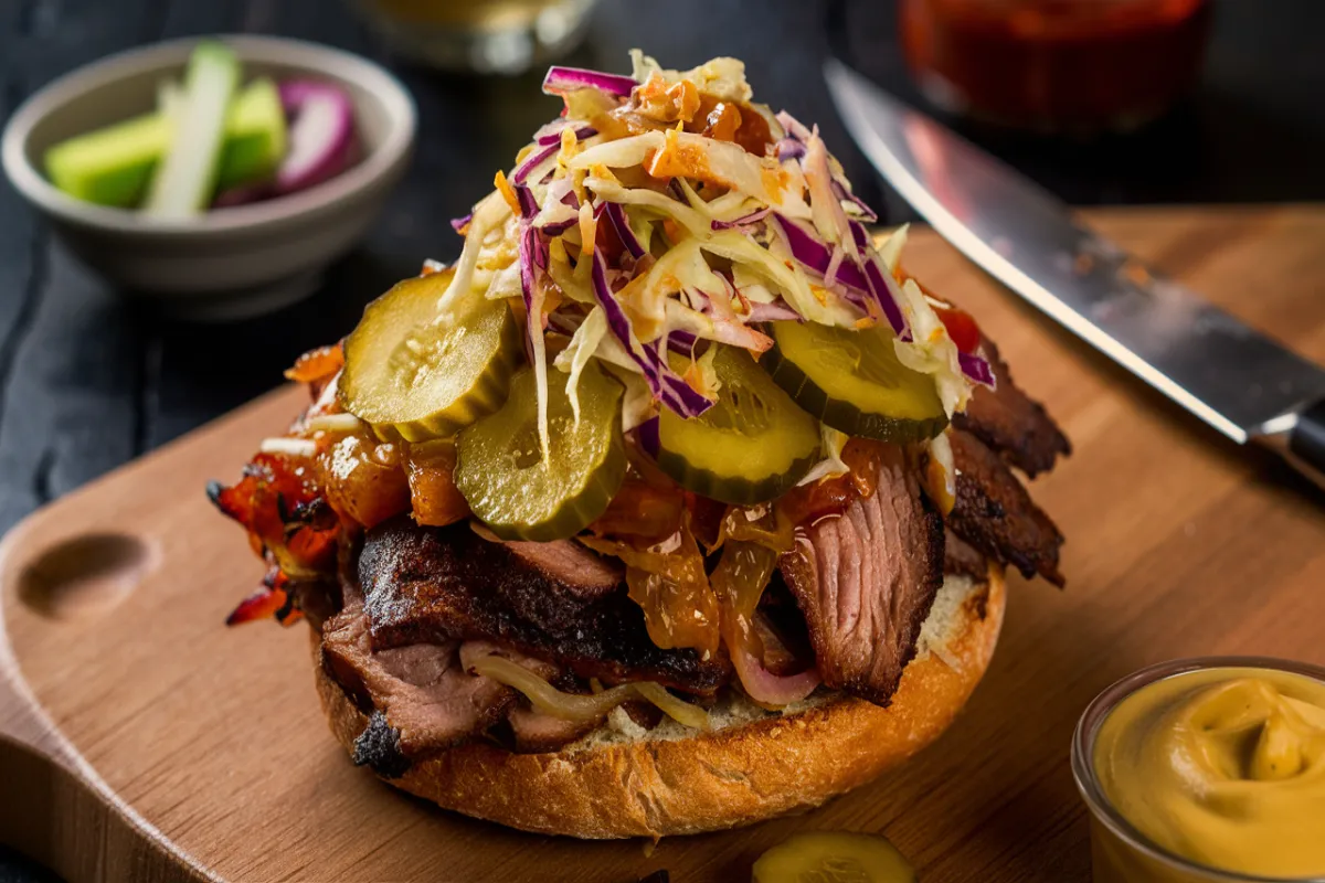 Open-faced brisket sandwich with toppings on a cutting board