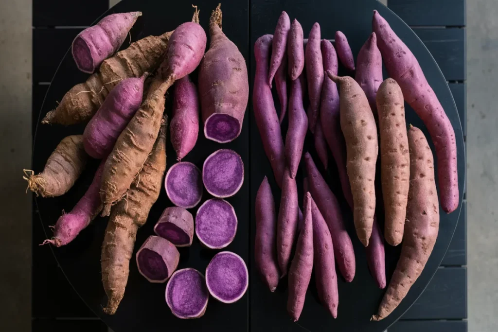 Purple yams and purple sweet potatoes side by side on a black table